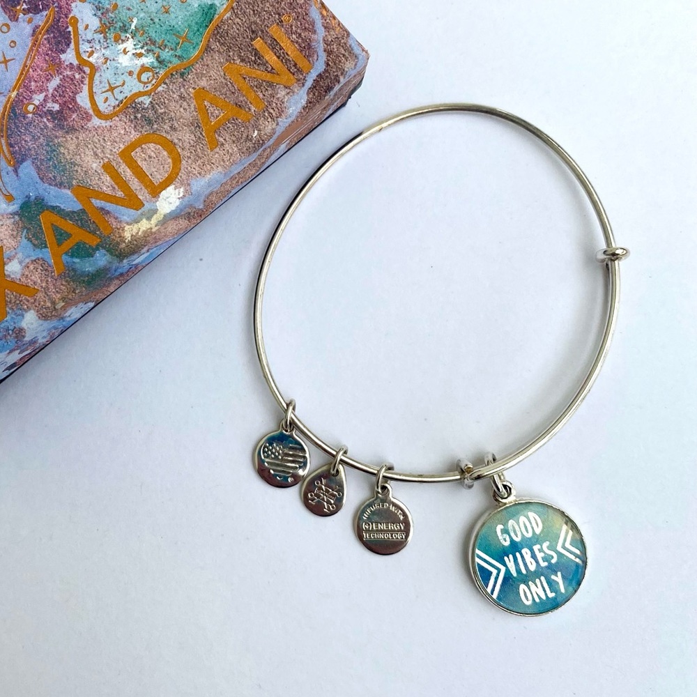 ALEX AND ANI “Good Vibes Only” Blue Green & Silver Charm Bangle Bracelet w/Box